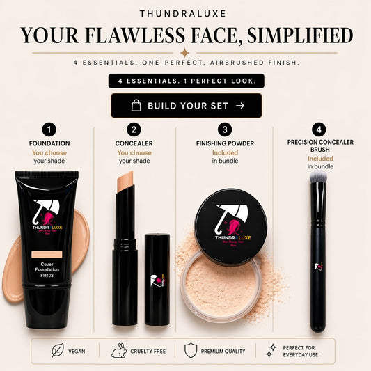 Thundraluxe makeup set with foundation, concealer, powder, and brush on a white background.