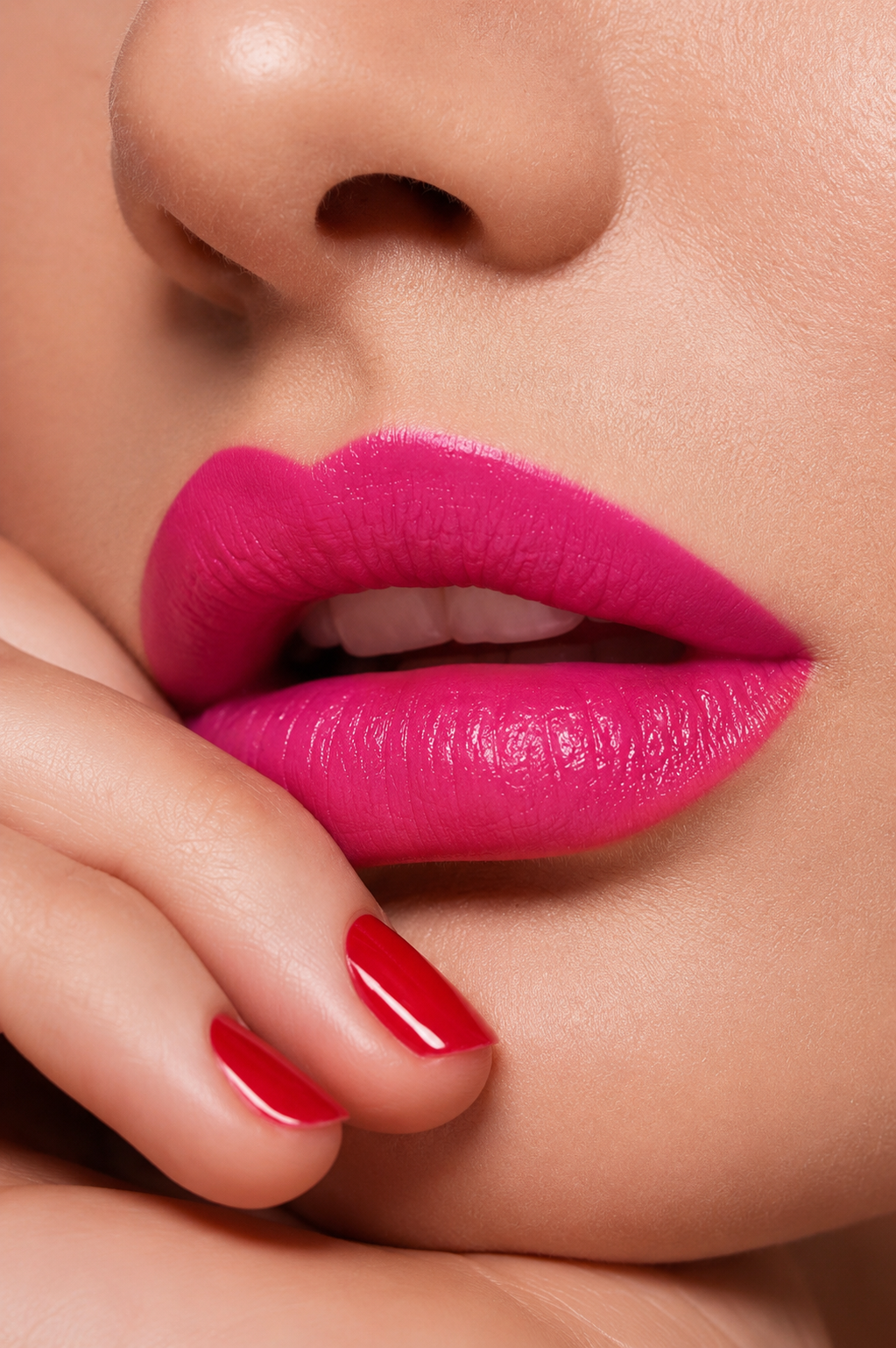 Close-up of a woman's lips with bright pink lipstick and red nails.