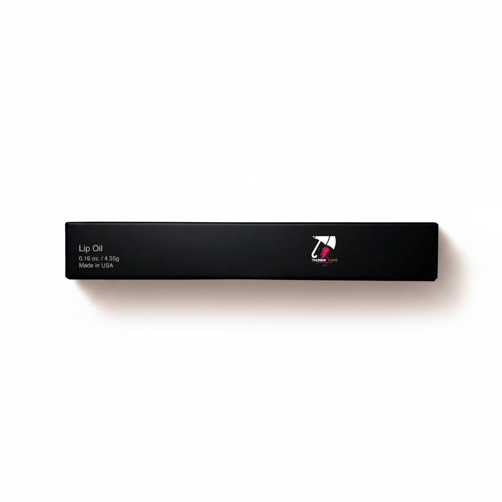 Black lip balm container with a brand logo on a white background