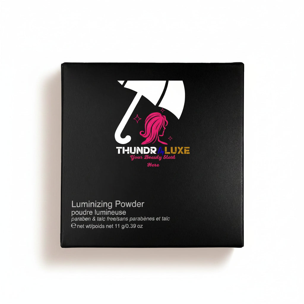 Black packaging of Thunder Luxe luminizing powder with brand logo on a white background