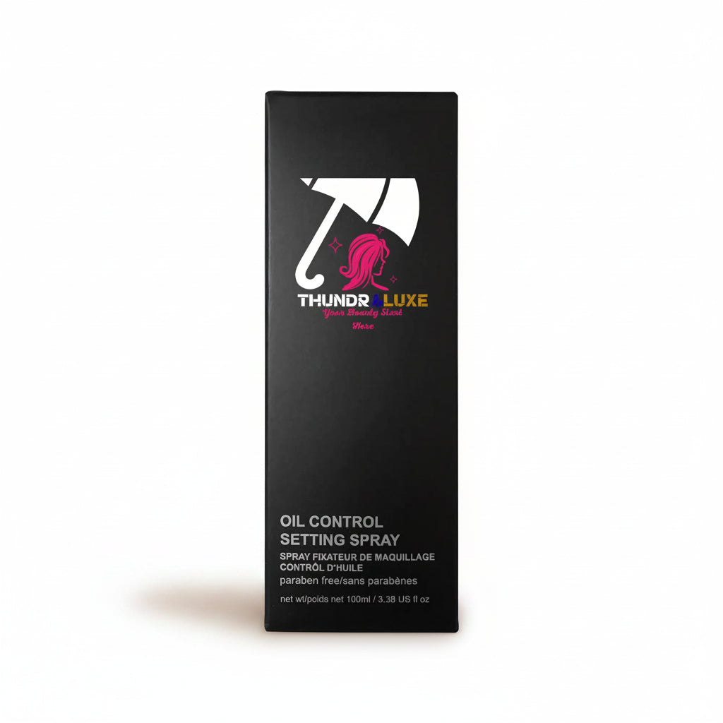 Black packaging of Thunder Luxe Oil Control Setting Spray on a white background
