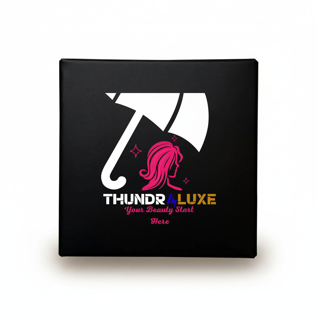 Black box with 'Thundraluxe' logo featuring an umbrella and pink hair design on a white background.