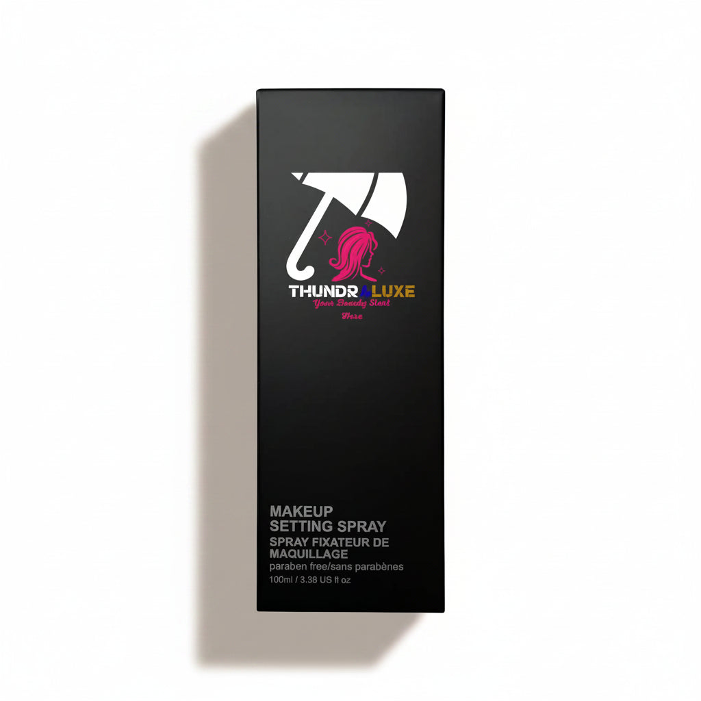 Black makeup setting spray packaging with brand logo on a white background