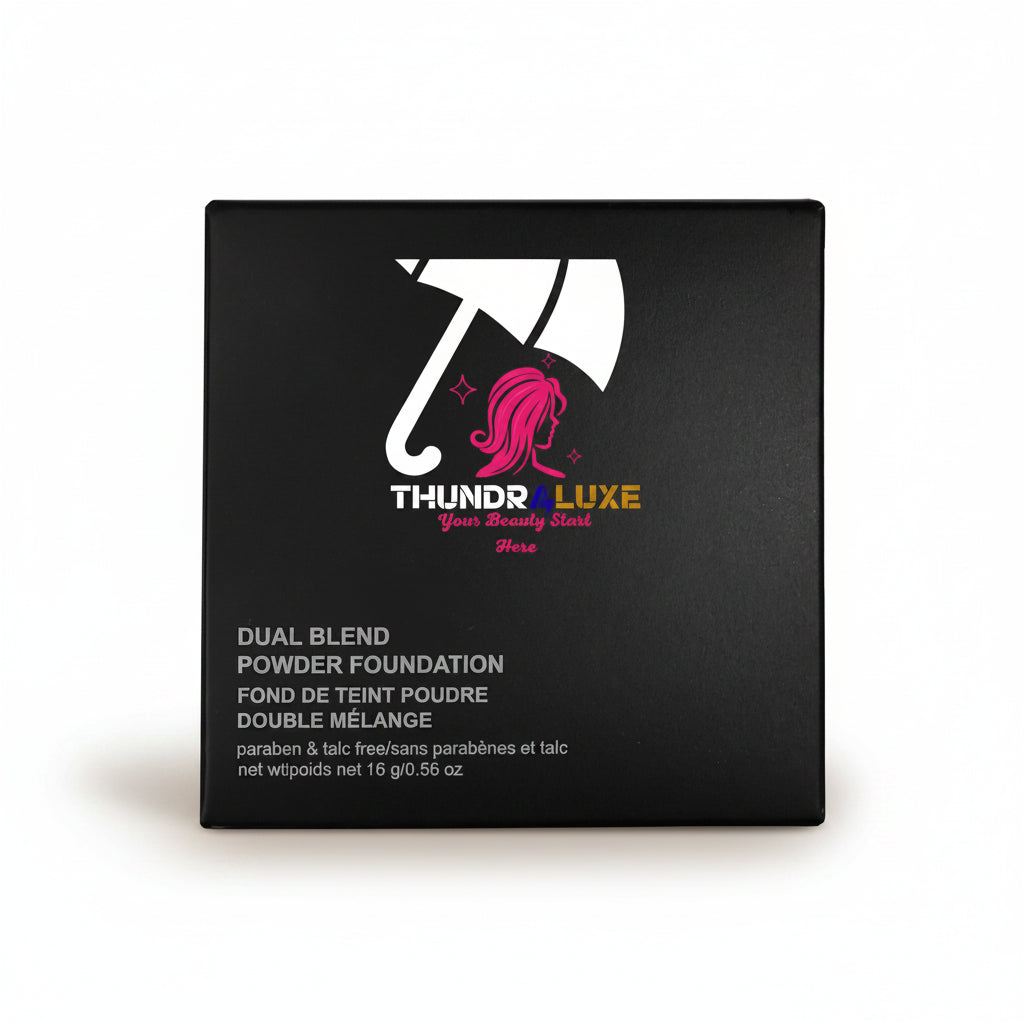 Black container of Thunder Luxe dual blend powder foundation with logo and text.