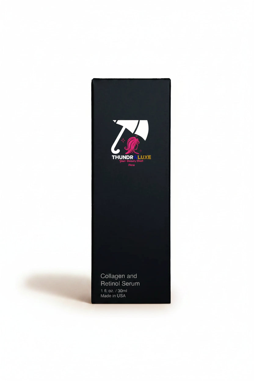 Black box of Thunder Luxe Collagen and Retinol Serum on a white background