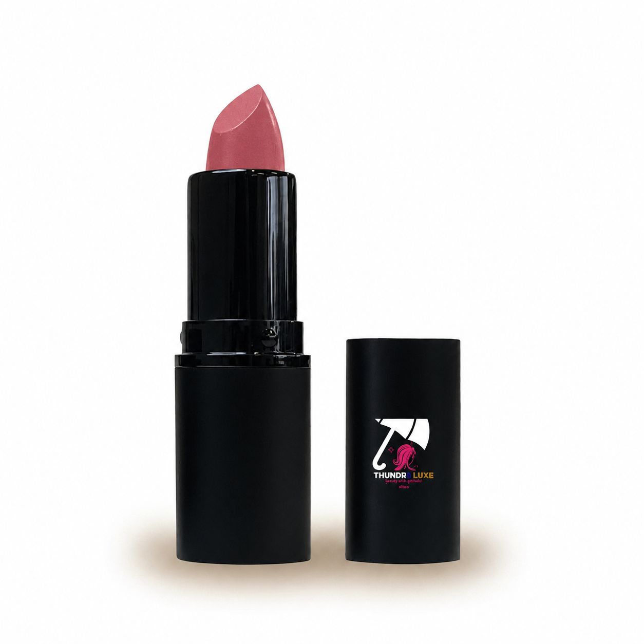 Pink lipstick with black case on a white background