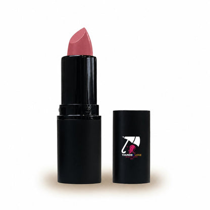 Pink lipstick with black case on a white background