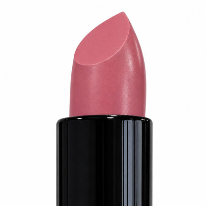 Pink lipstick with black casing on a white background