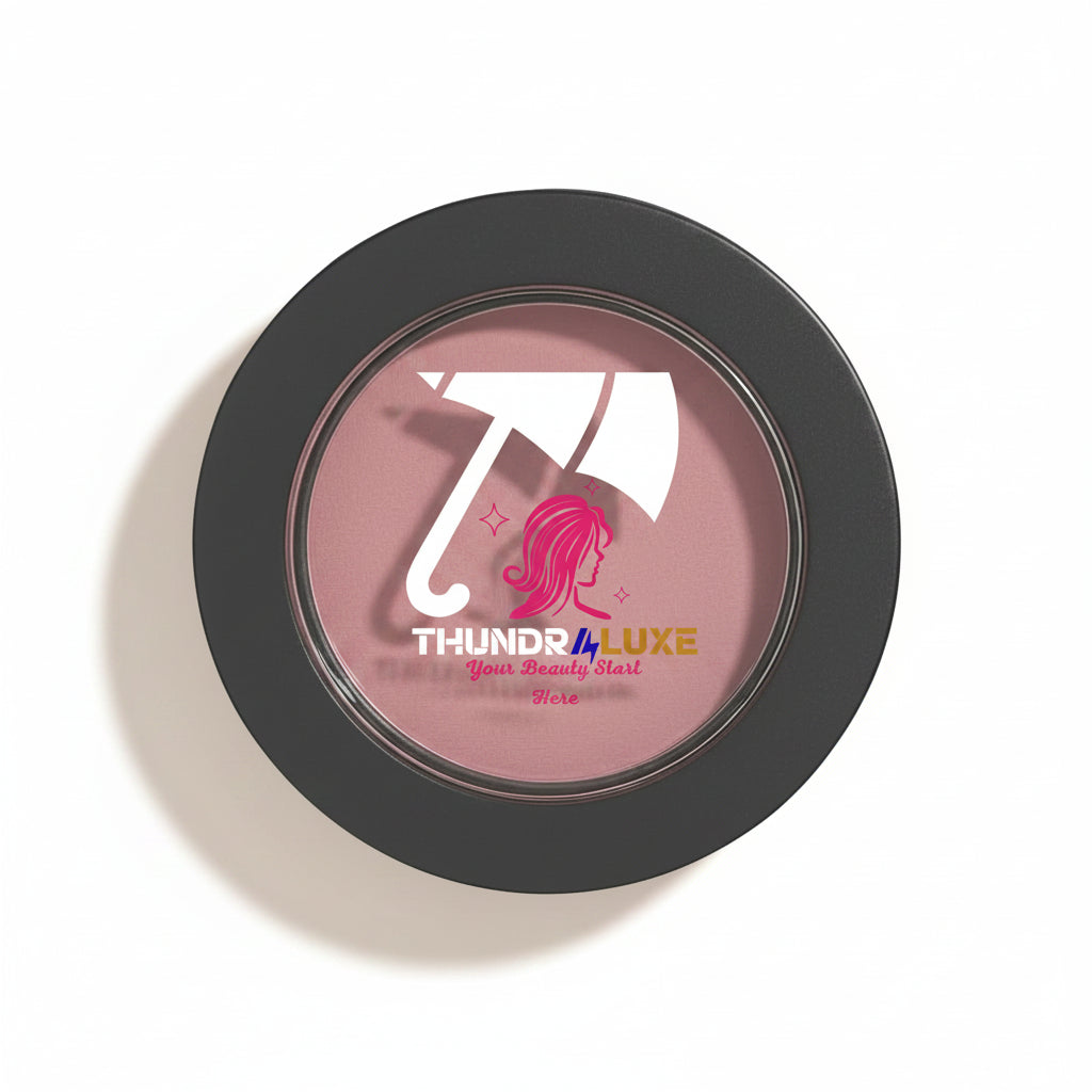 Pink makeup compact with Thundr Luxe logo on a white background