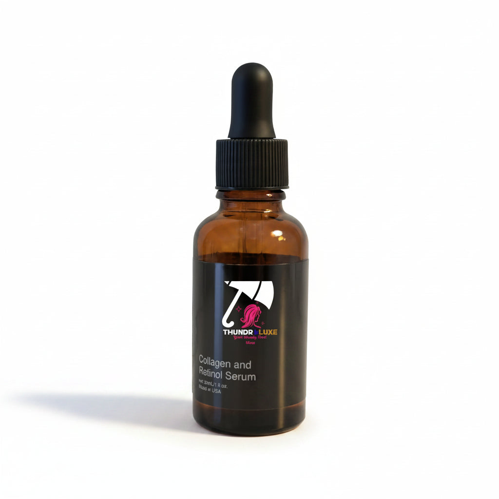 Brown glass bottle with black dropper labeled 'Thera Luxe' on a white background