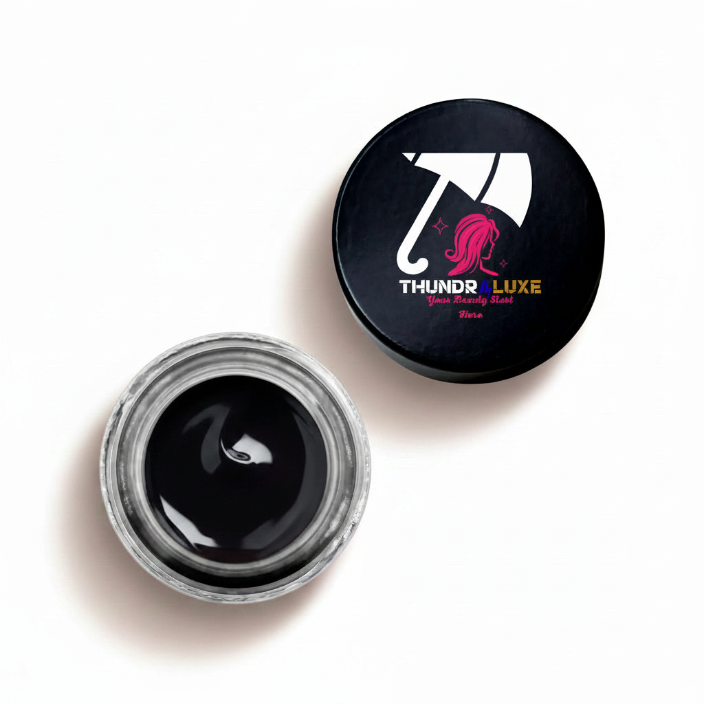 Cosmetic container with black jell and black lid featuring a logo on a white background