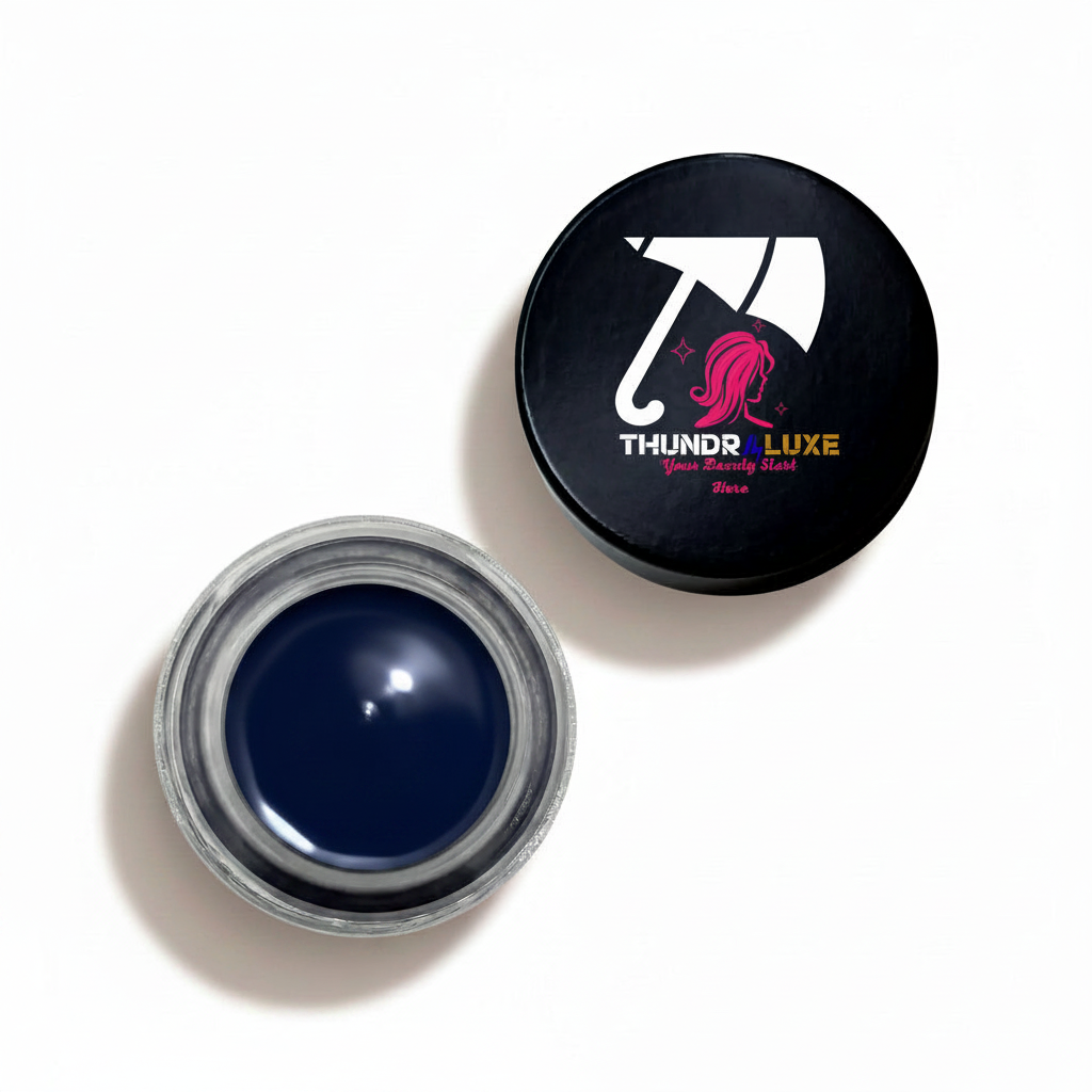 Cosmetic container with blue jell and black lid featuring a logo on a white background