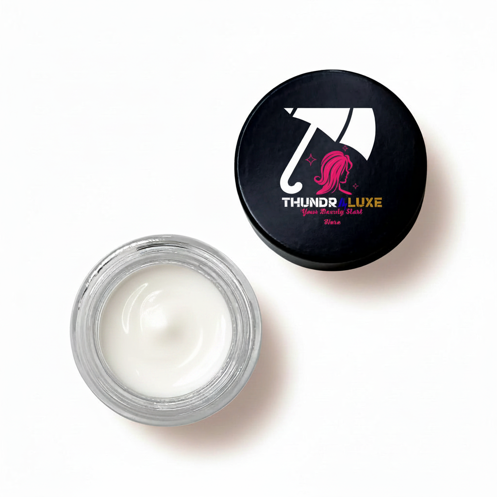 Cosmetic container with white jell and black lid featuring a logo on a white background