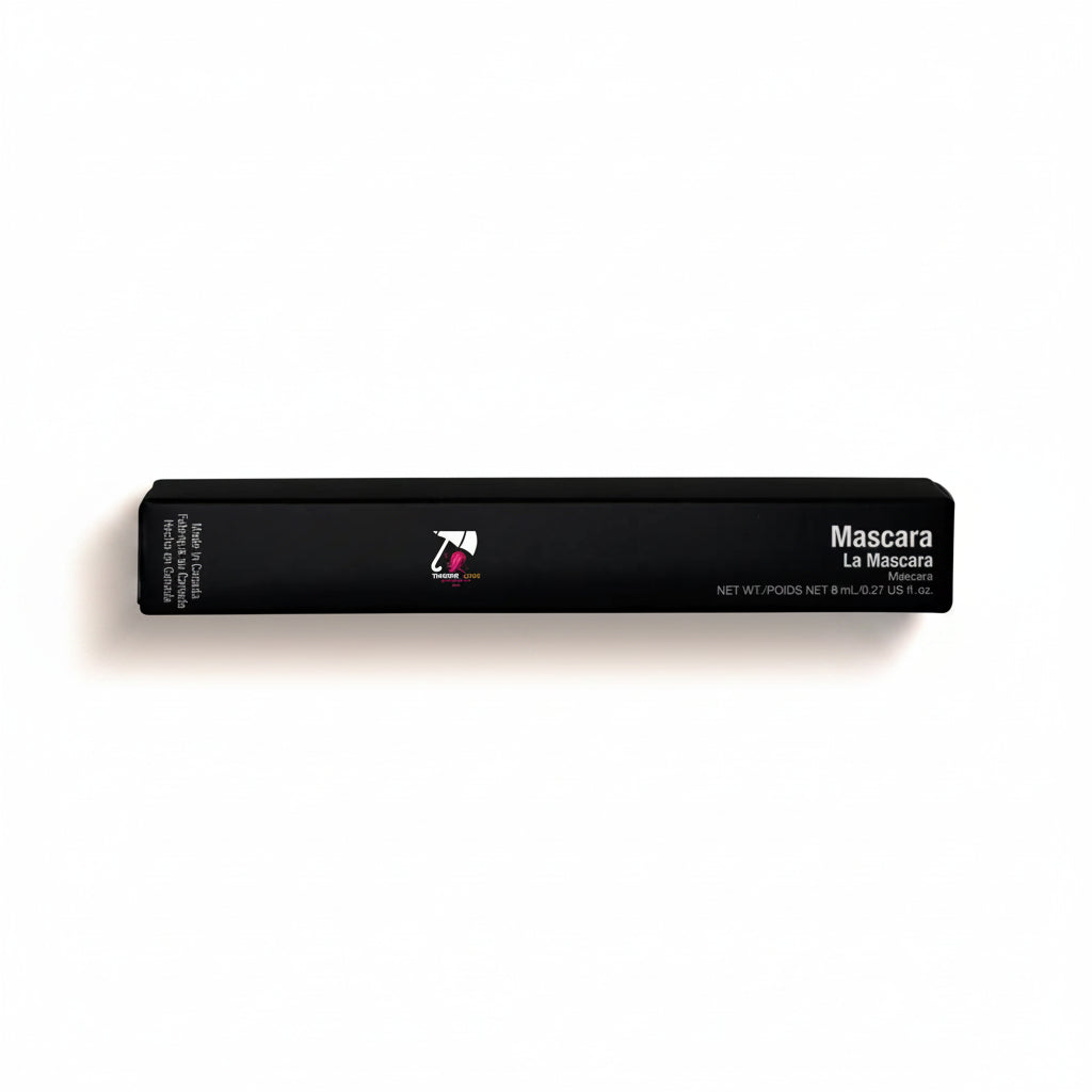 Black mascara tube with brand logo on a white background