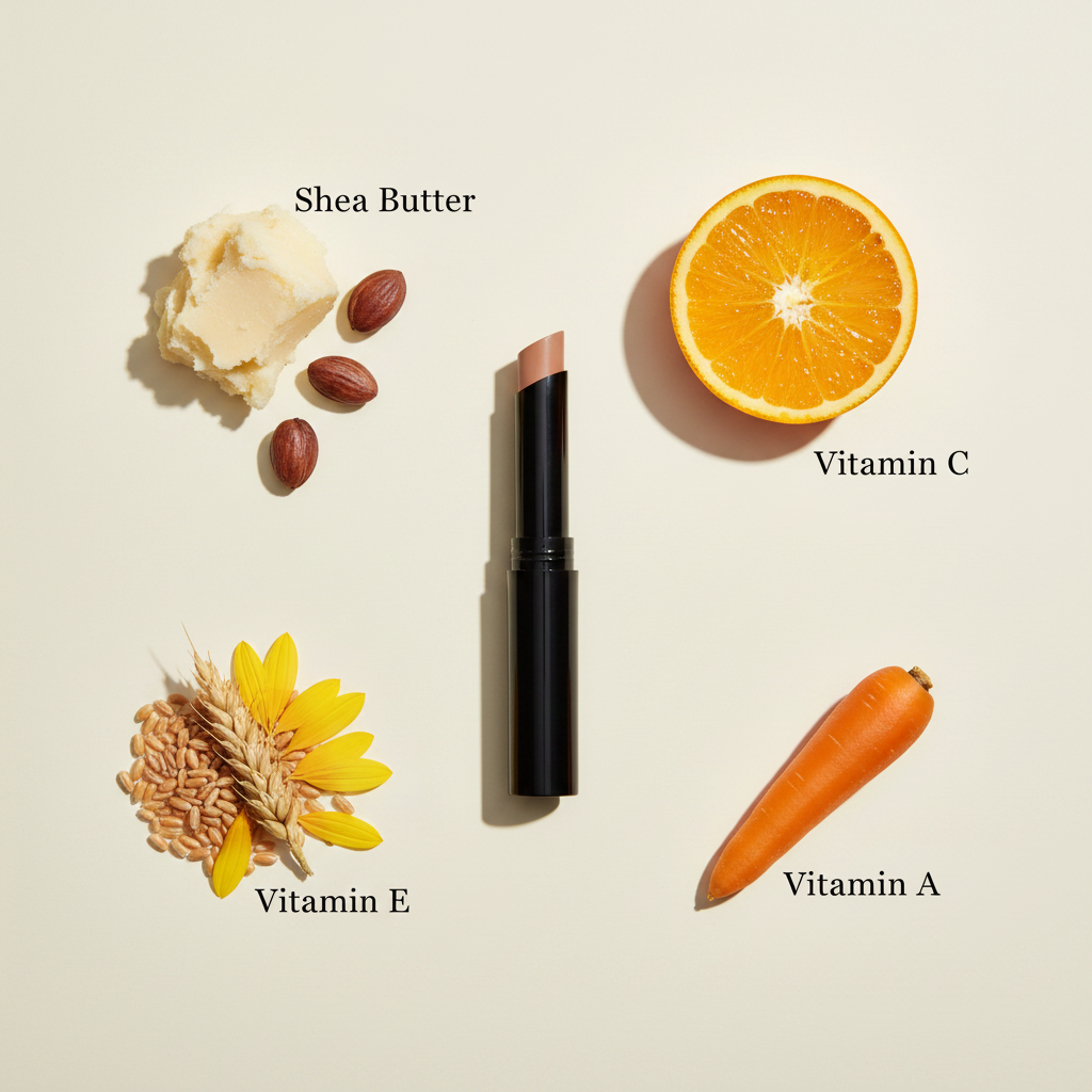 Cosmetic stick with labeled shea butter, vitamin C, vitamin E, and carrot on a beige background