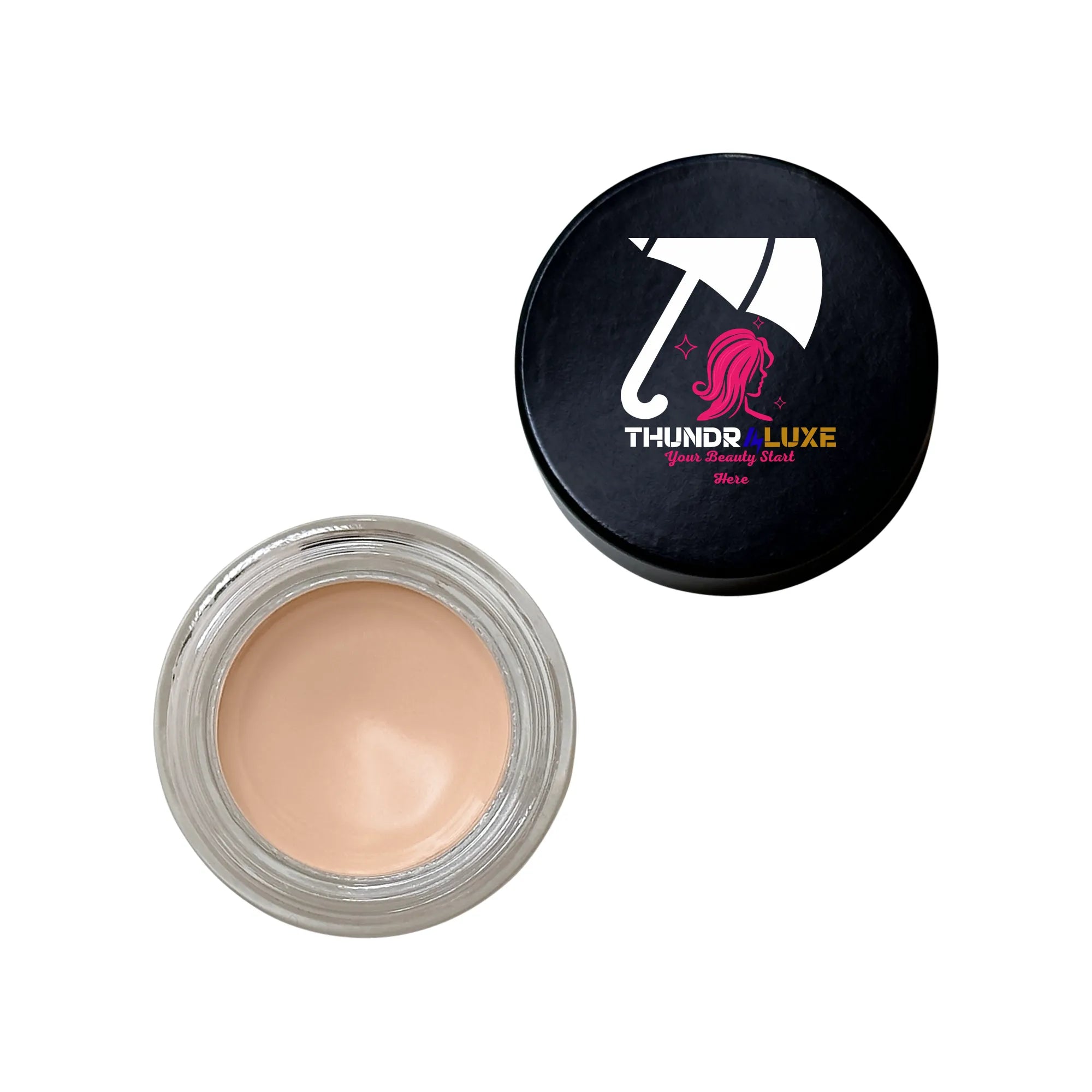 Cosmetic cream jar with open lid displaying cream, branded 'Thunder Luxe' on lid.