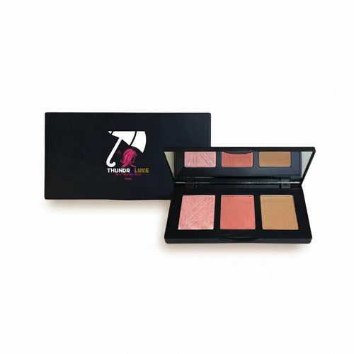 Makeup palette with four colors and a branded box on a light gray background