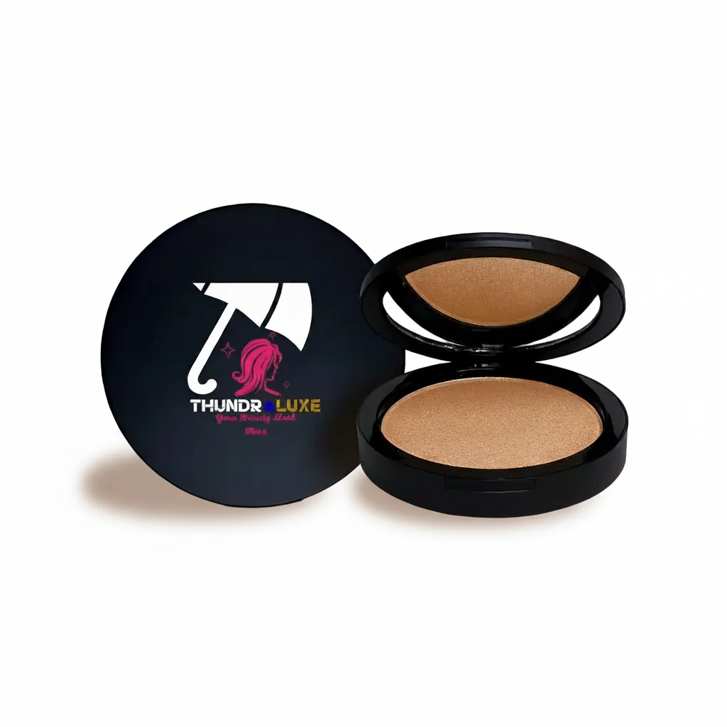 Compact powder with open lid showing brown color, branded 'Thunder Luxe' on a gray background