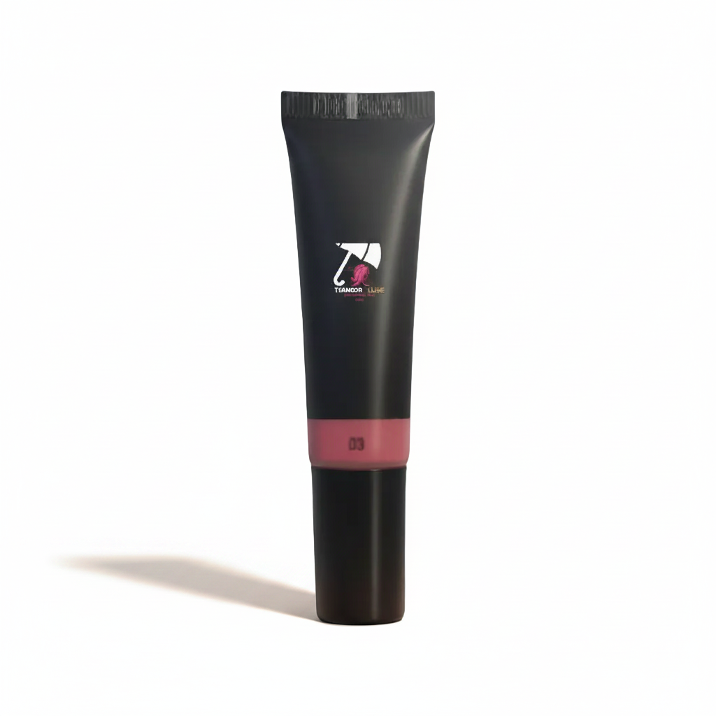 Black cosmetic tube with pink base on a light gray background