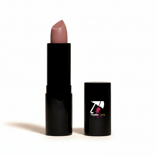 Lipstick with black casing and visible brand logo on a light gray background