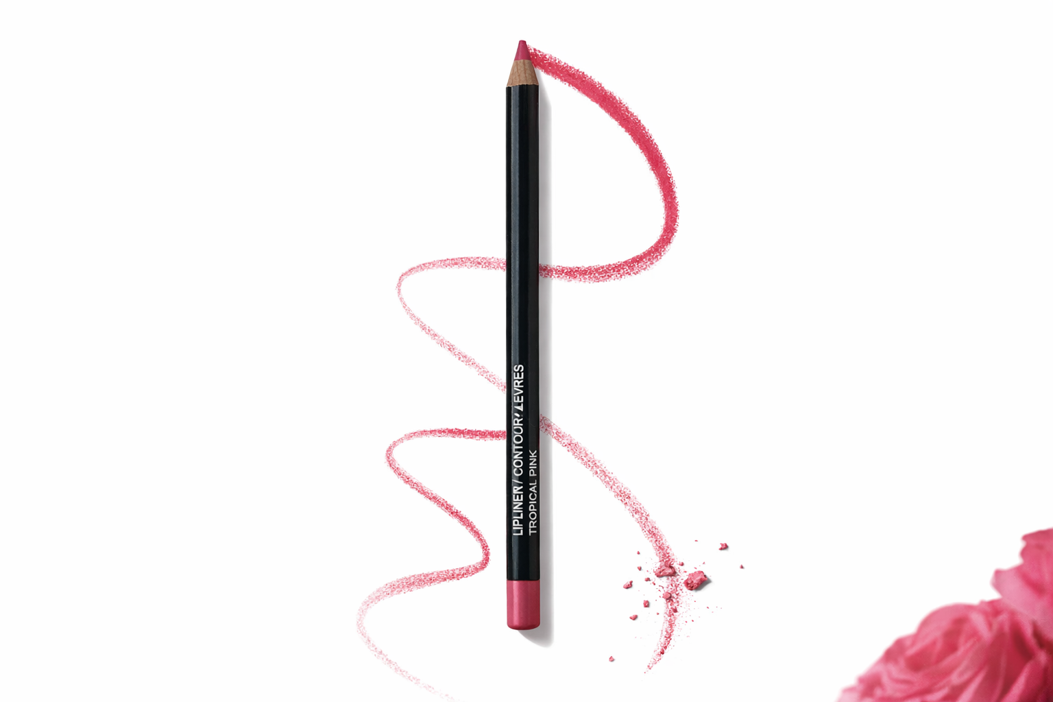 Pink lip liner pencil with a wavy line on a white background