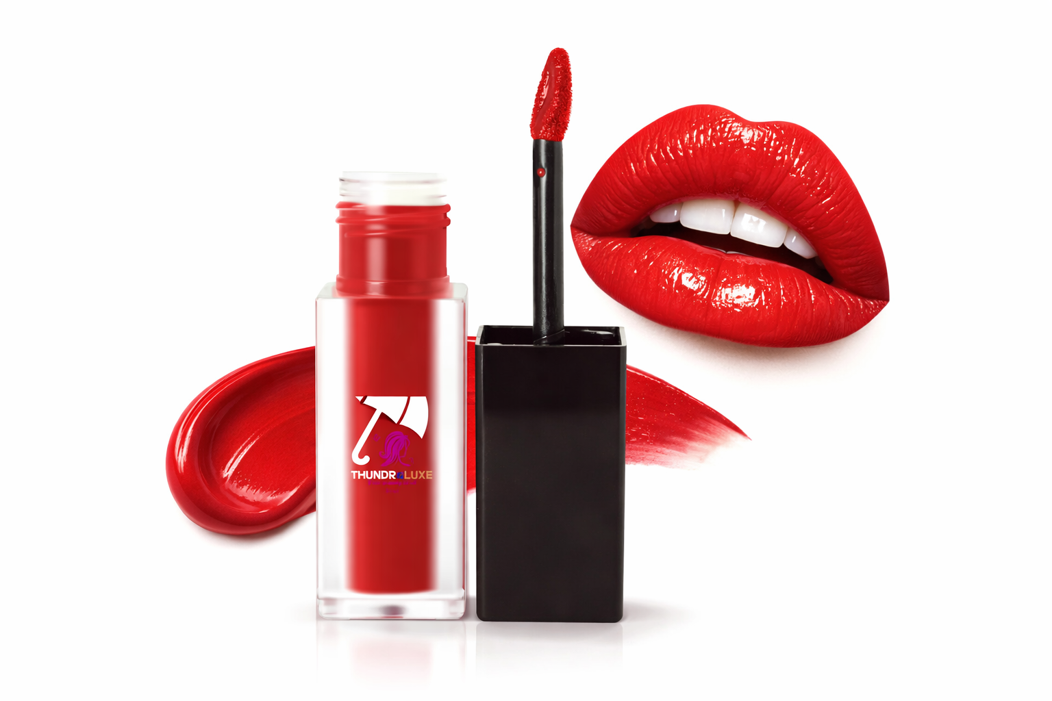 Red lipstick with applicator and visible brand logo on a white background