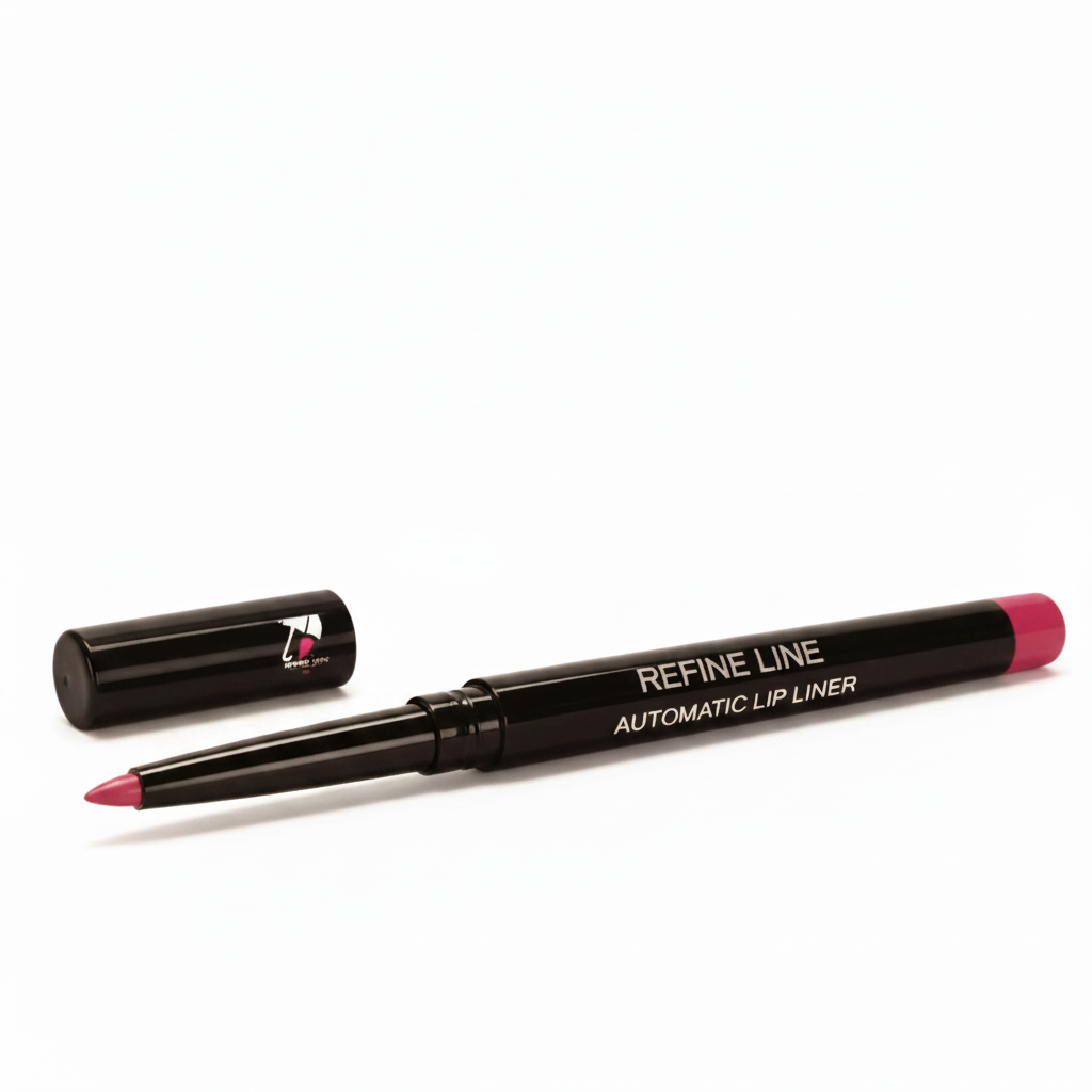 Refine Line automatic lip liner with pink lipstick on lips against a pink background