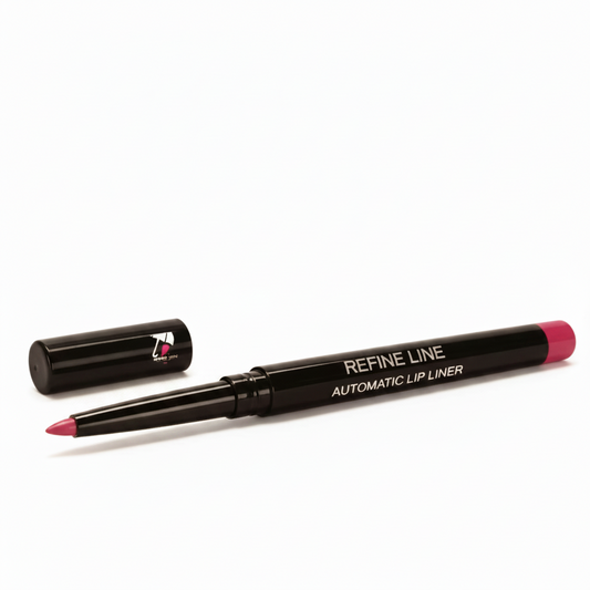 Refine Line automatic lip liner with pink lipstick on lips against a pink background