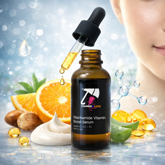 Thundr Luxe niacinamide vitamin serum bottle with dropper, oranges, and other ingredients on a blurred background