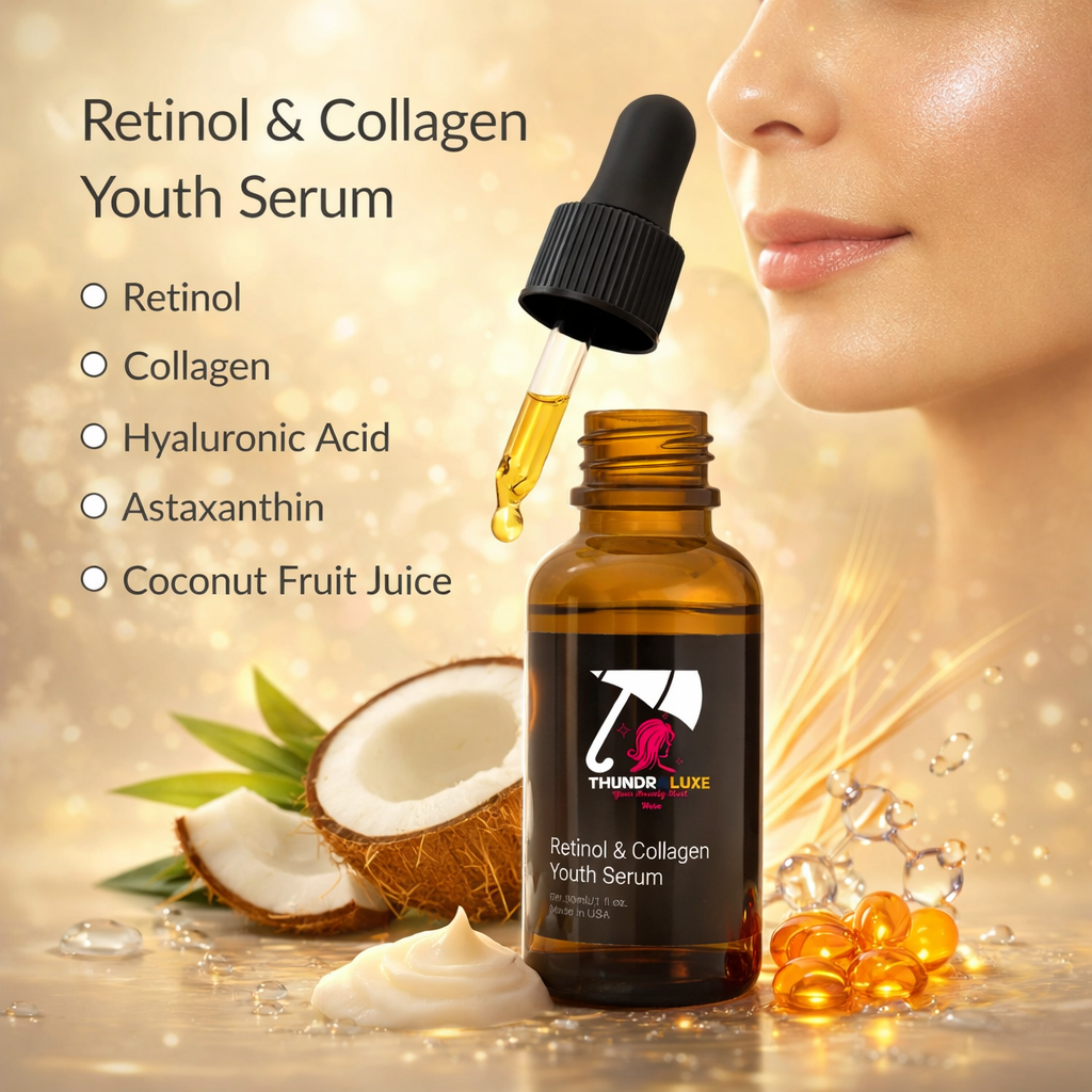 Retinol & Collagen Youth Serum bottle with dropper, coconut, and woman's face on a warm background