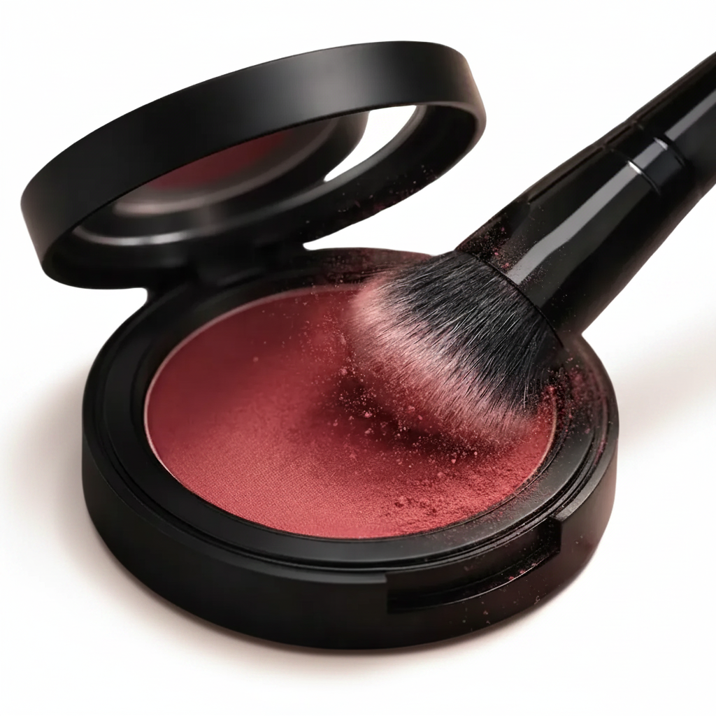 Compact blush with a brush on a textured background
