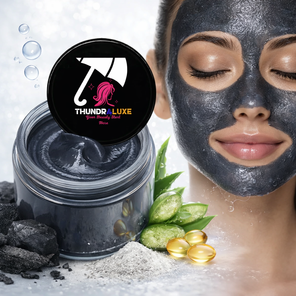 Thundraluxe charcoal mask jar with a woman wearing the mask, aloe vera leaves, and gold capsules on a white background.