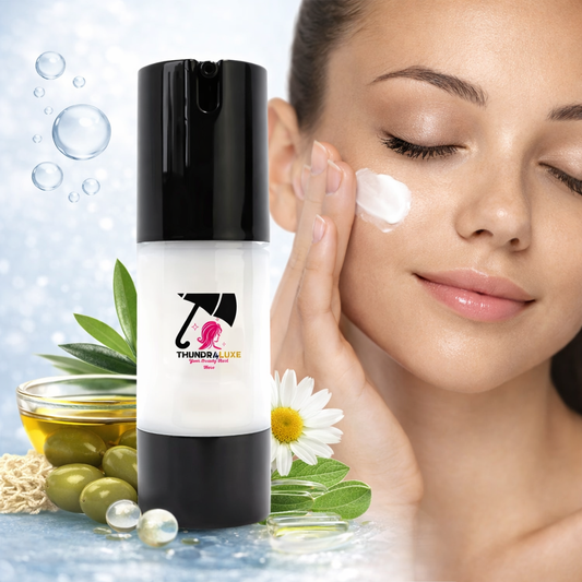 Skincare product with a woman applying cream, surrounded by nature-themed elements.