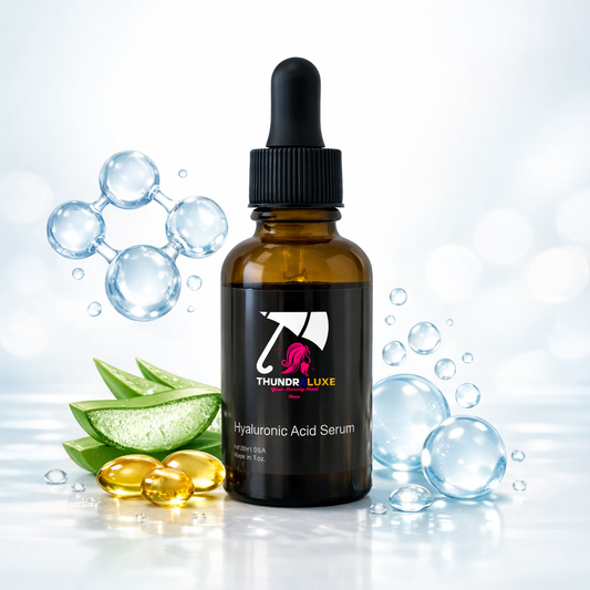 Hyaluronic acid serum bottle with aloe vera and gel beads on a light background