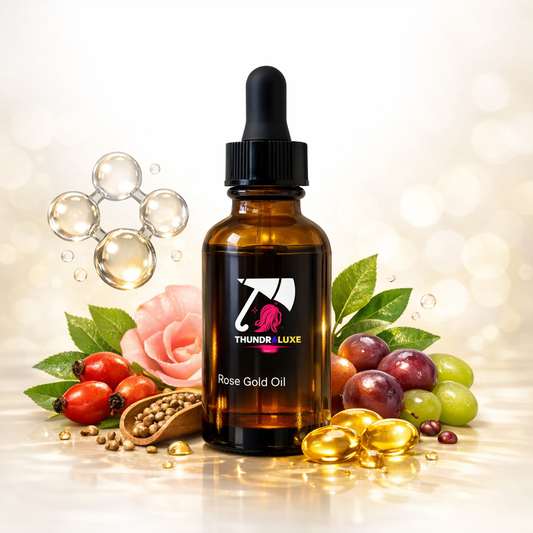 Bottle of Thunder Luxe Rose Gold Oil with natural elements on a soft background