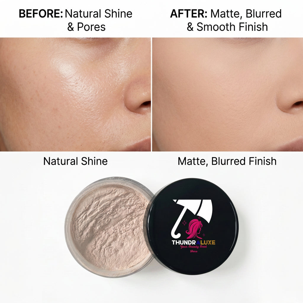 Before and after comparison of skin texture with THUNDRA Luxe airbrushed blur finishing powder.