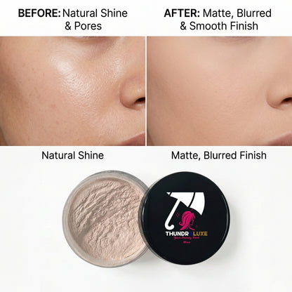 Before and after comparison of skin texture with THUNDRA Luxe airbrushed blur finishing powder.