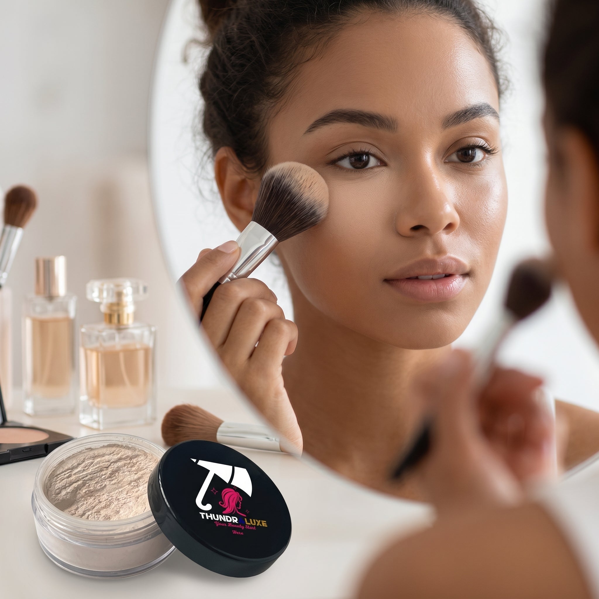 Woman applying makeup with a brush, surrounded by cosmetic products including a container of powder and a perfume bottle.