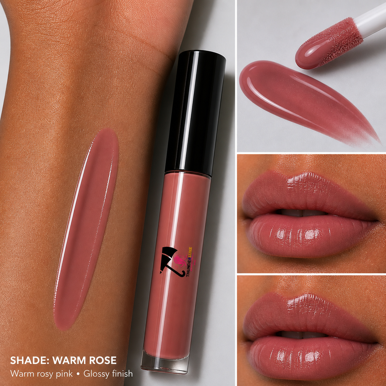 Lip gloss with applicator and swatches on skin and lips, labeled 'Warm Rose'.