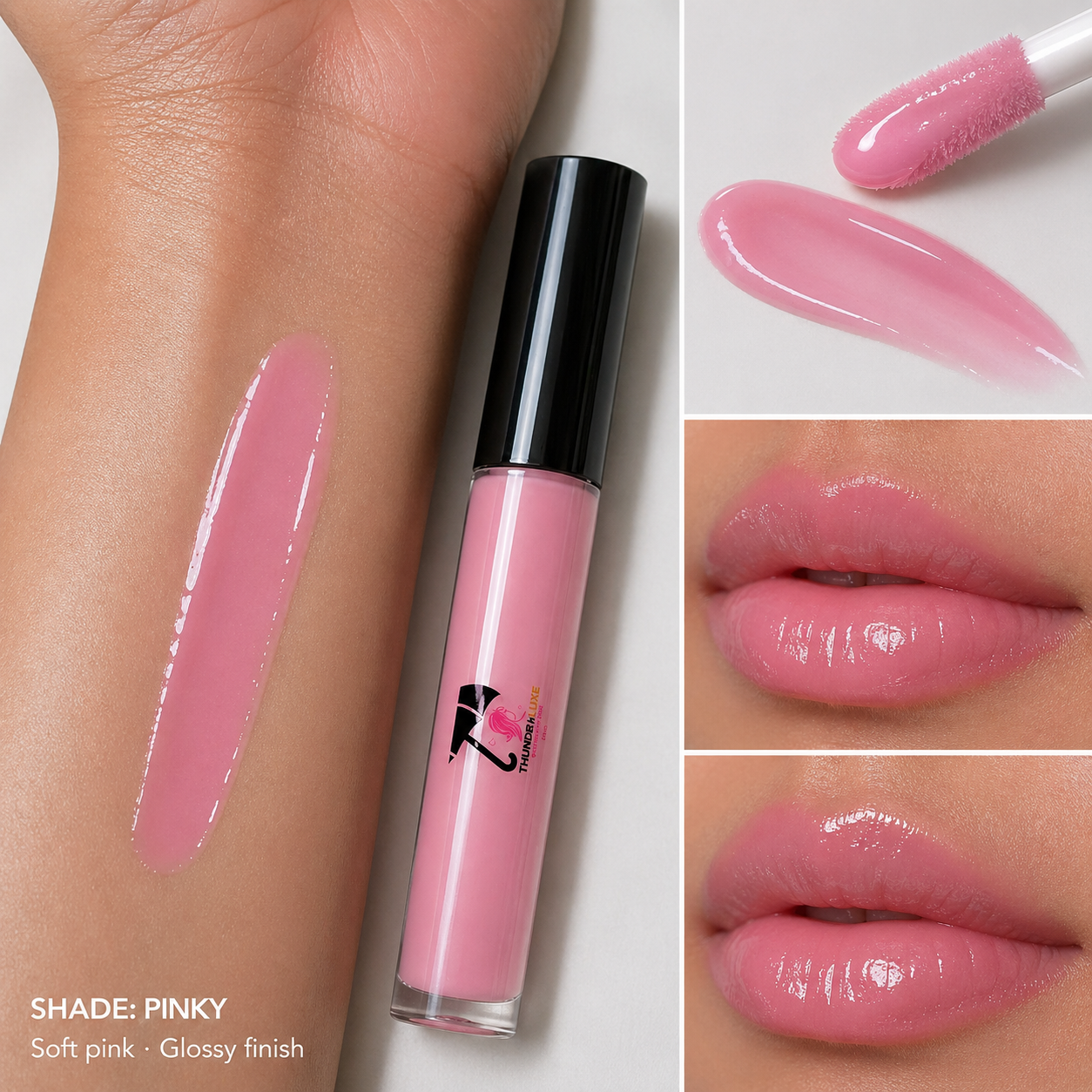 Pink lip gloss with application on skin and lips, featuring the brand logo.