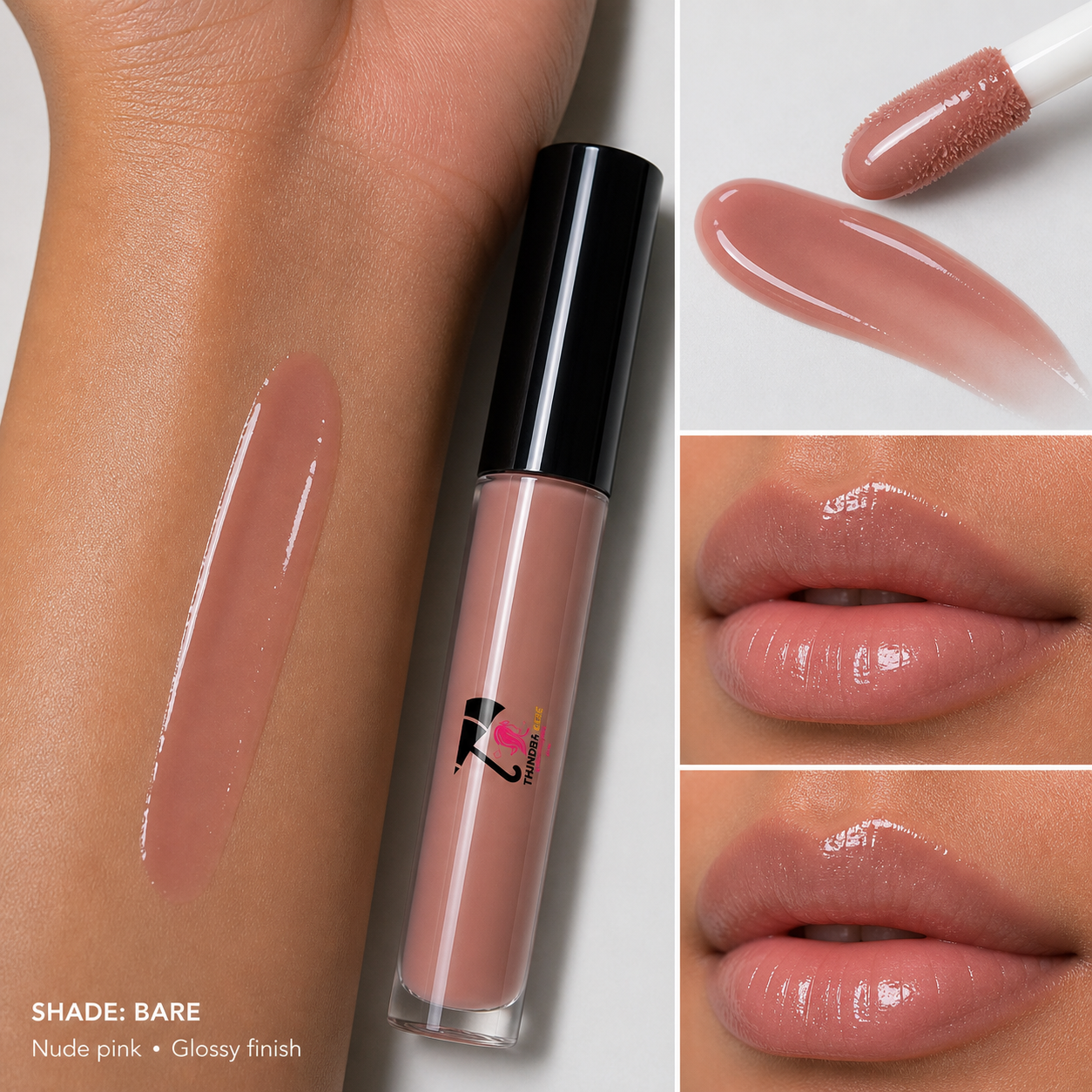 Lip gloss with application on skin and lips, featuring brand logo.