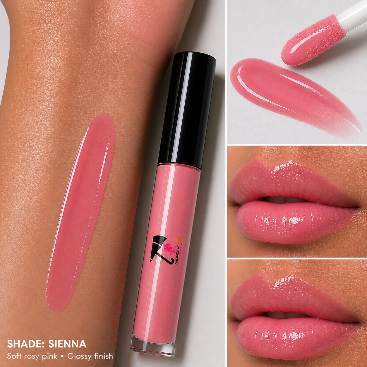 Pink lip gloss with applicator, swatches on skin and lips, and brand logo.
