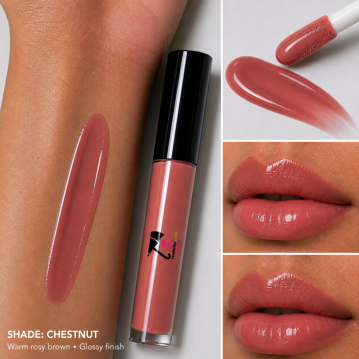 Lip gloss with applicator and close-up shots on lips, labeled 'Chestnut' shade.