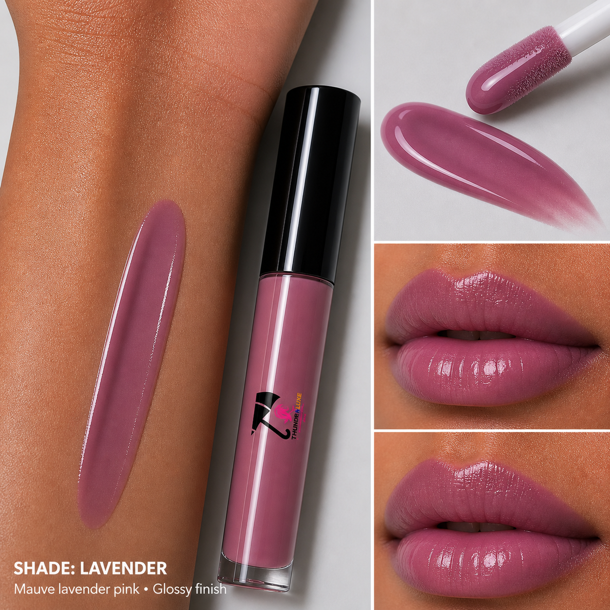 Lavender lip gloss with application on skin and lips, featuring the brand logo.