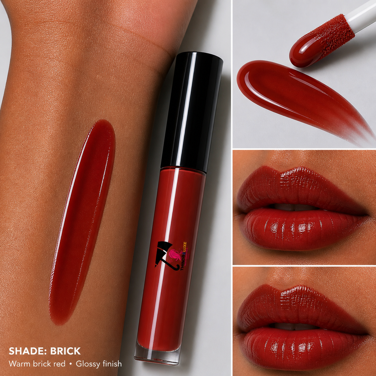 Lipstick with glossy finish, swatches on skin and lips, and close-up of lipstick.