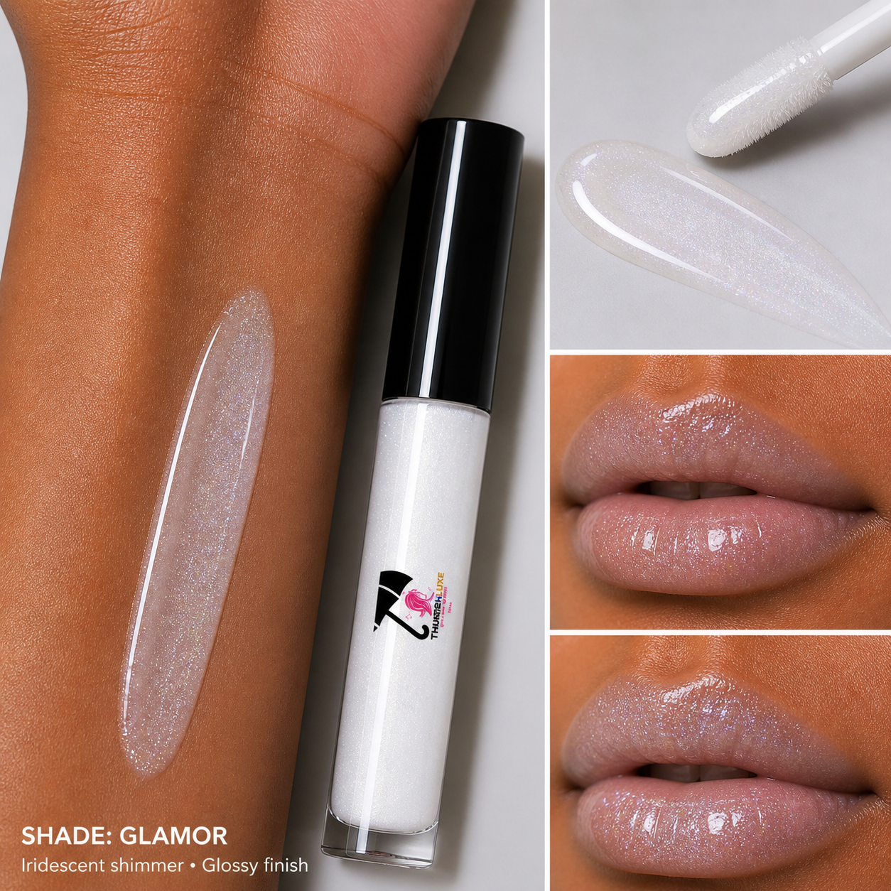 Lip gloss with applicator and swatches on skin