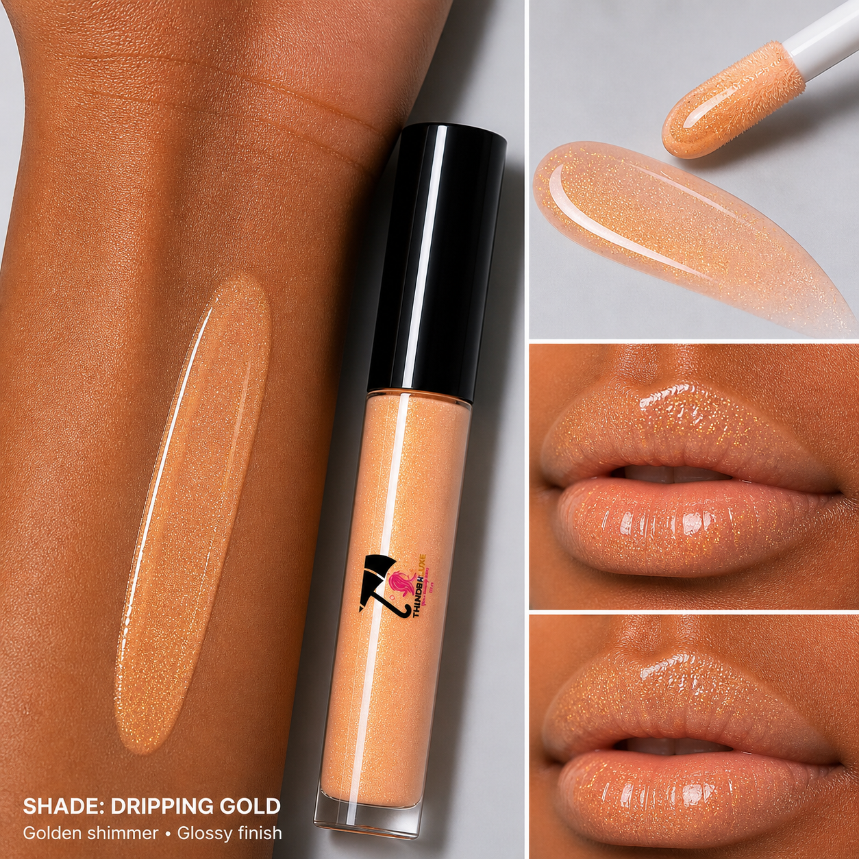 Lip gloss with application on skin and lips, featuring the brand 'Z J'.