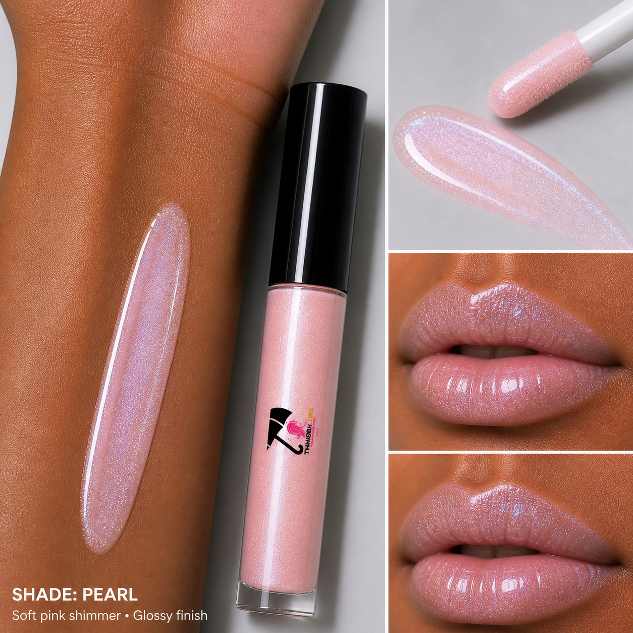 Pink lip gloss with application on skin and lips, showing color swatch and close-ups.