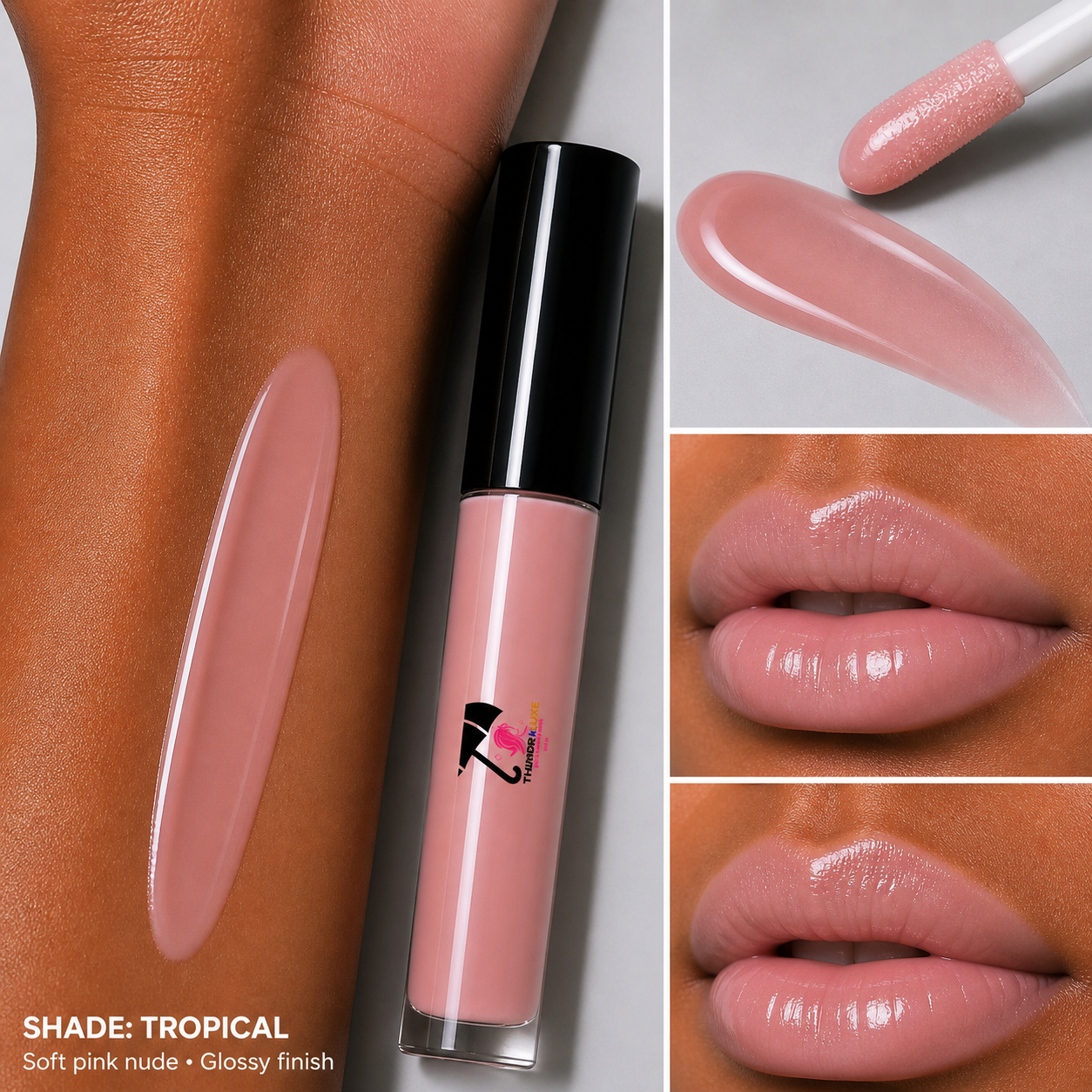 Lip gloss with applicator and color swatches on skin and lips