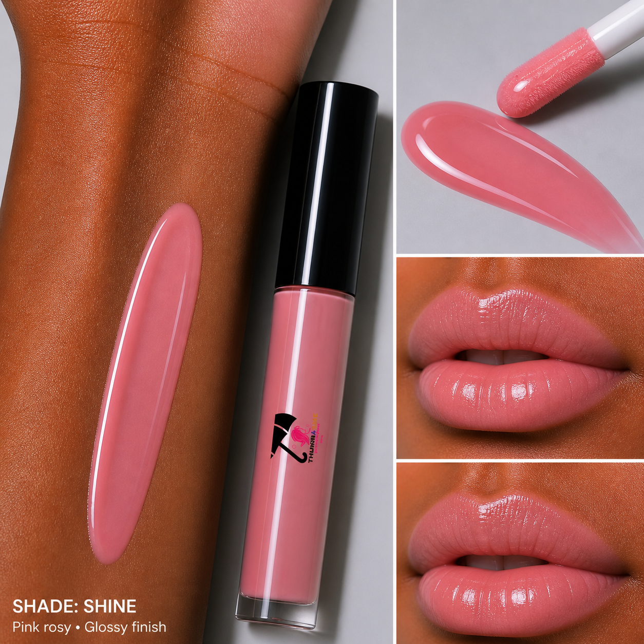 Pink lip gloss with applicator, swatches, and close-ups on skin